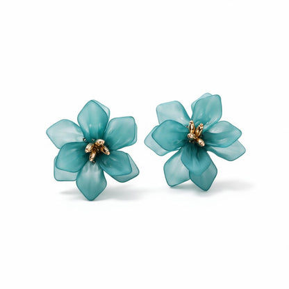 Blue Acrylic and 18K Gold-Plated Floral Stud Earrings, gold stud earrings for women, vintage-inspired design, side view