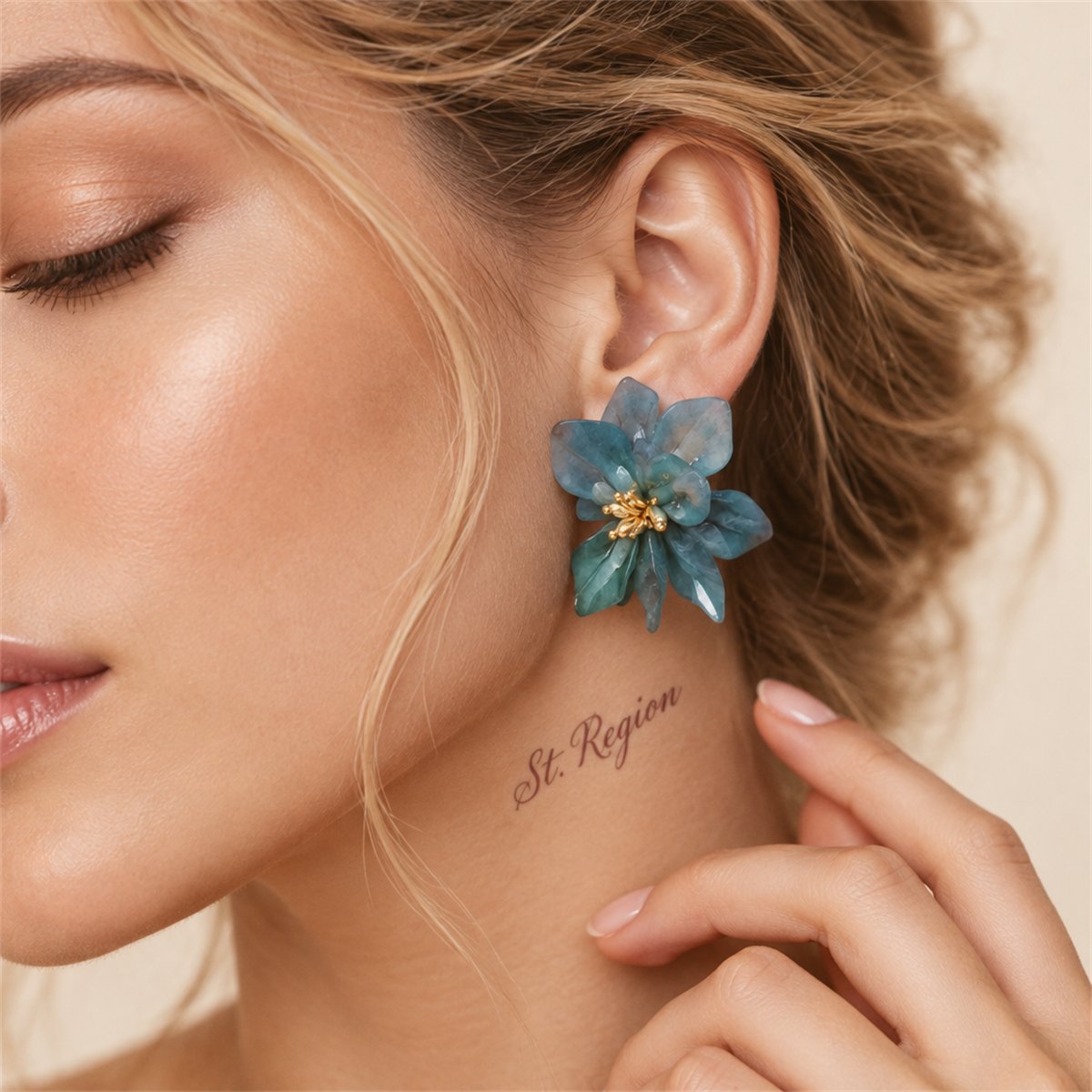 Blue Acrylic and 18K Gold-Plated Floral Stud Earrings, gold stud earrings for women, vintage-inspired design, styled look