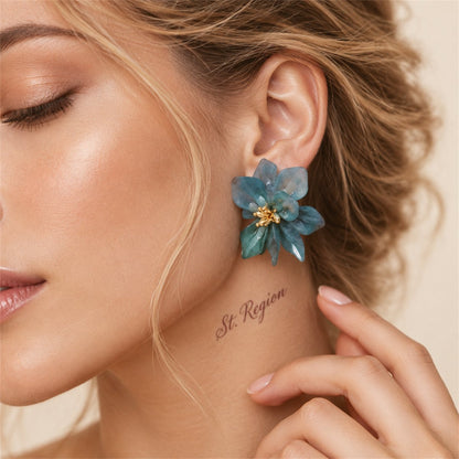 Blue Acrylic and 18K Gold-Plated Floral Stud Earrings, gold stud earrings for women, vintage-inspired design, styled look
