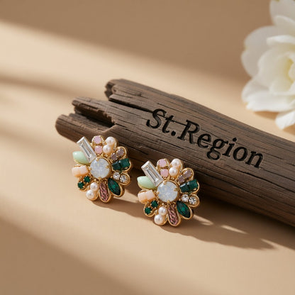 Cubic Zirconia and Pearl 18k Gold-Plated Botany Stud Earrings, gold stud earrings for women, elegant gift for her, front view