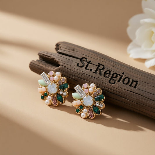 Cubic Zirconia and Pearl 18k Gold-Plated Botany Stud Earrings, gold stud earrings for women, elegant gift for her, front view