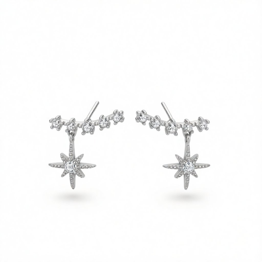 Cubic Zirconia and Silver-Plated Star Ear Climber, silver drop earrings for women, botanical inspired, side view