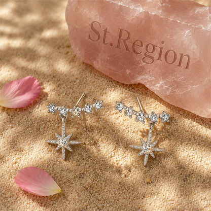 Cubic Zirconia and Silver-Plated Star Ear Climber, silver drop earrings for women, botanical inspired, detail close-up