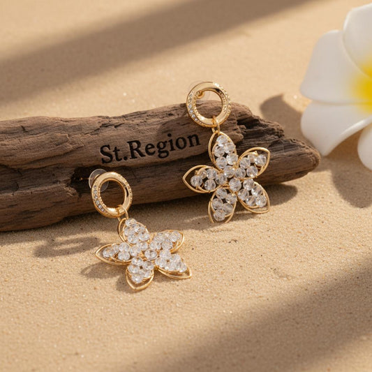 18K Gold-Plated Beaded Floral Drop Earrings, gold drop earrings for women, botanical inspired, front view