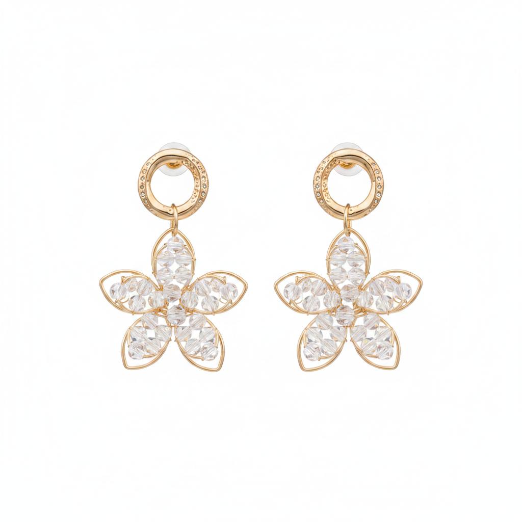 18K Gold-Plated Beaded Floral Drop Earrings, gold drop earrings for women, botanical inspired, side view