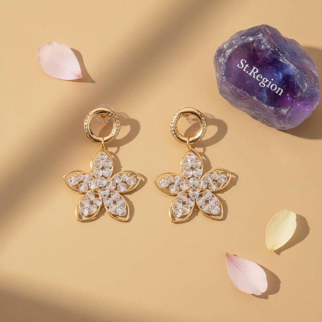 18K Gold-Plated Beaded Floral Drop Earrings, gold drop earrings for women, botanical inspired, detail close-up