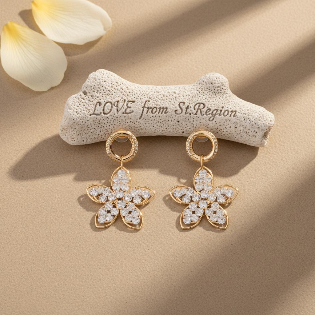 18K Gold-Plated Beaded Floral Drop Earrings, gold drop earrings for women, botanical inspired, lifestyle look