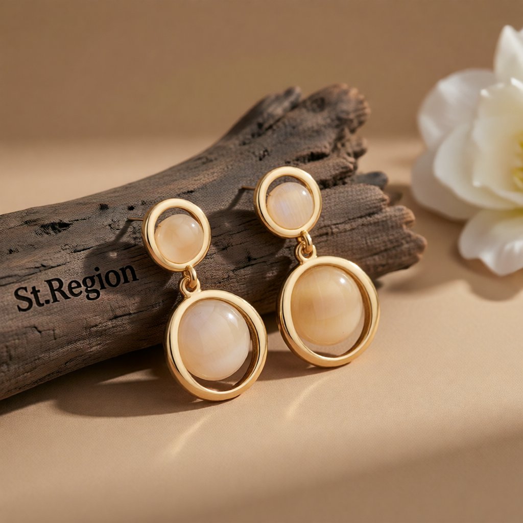 Cat's Eye and 18K Gold-Plated Round Drop Earrings, gold drop earrings for women, everyday style, front view