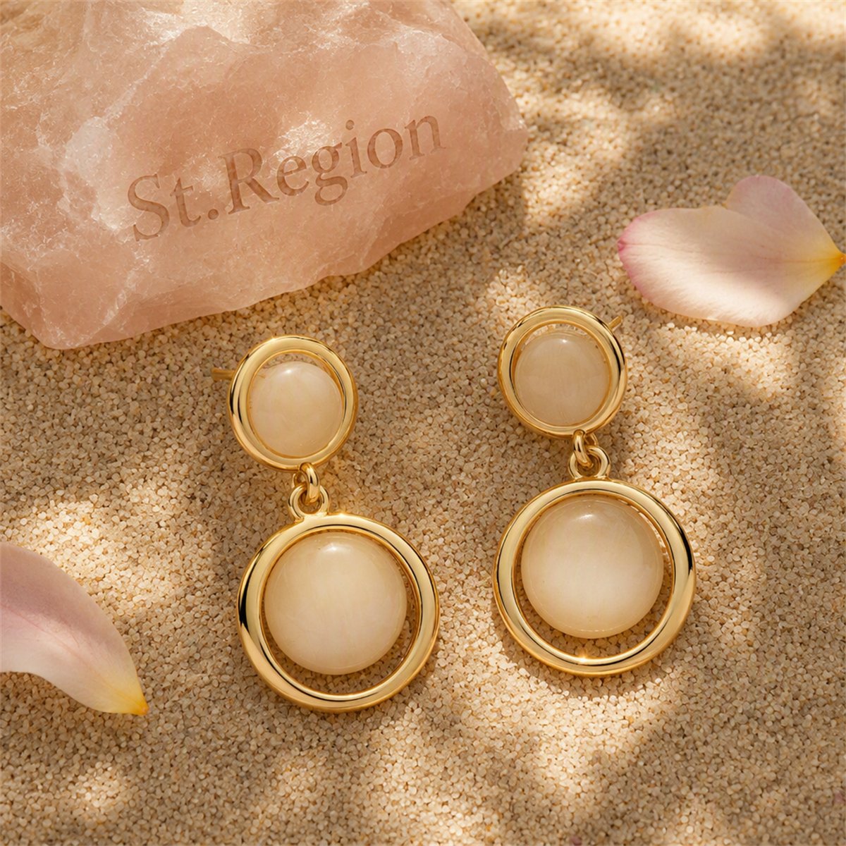 Cat's Eye and 18K Gold-Plated Round Drop Earrings, gold drop earrings for women, everyday style, detail close-up