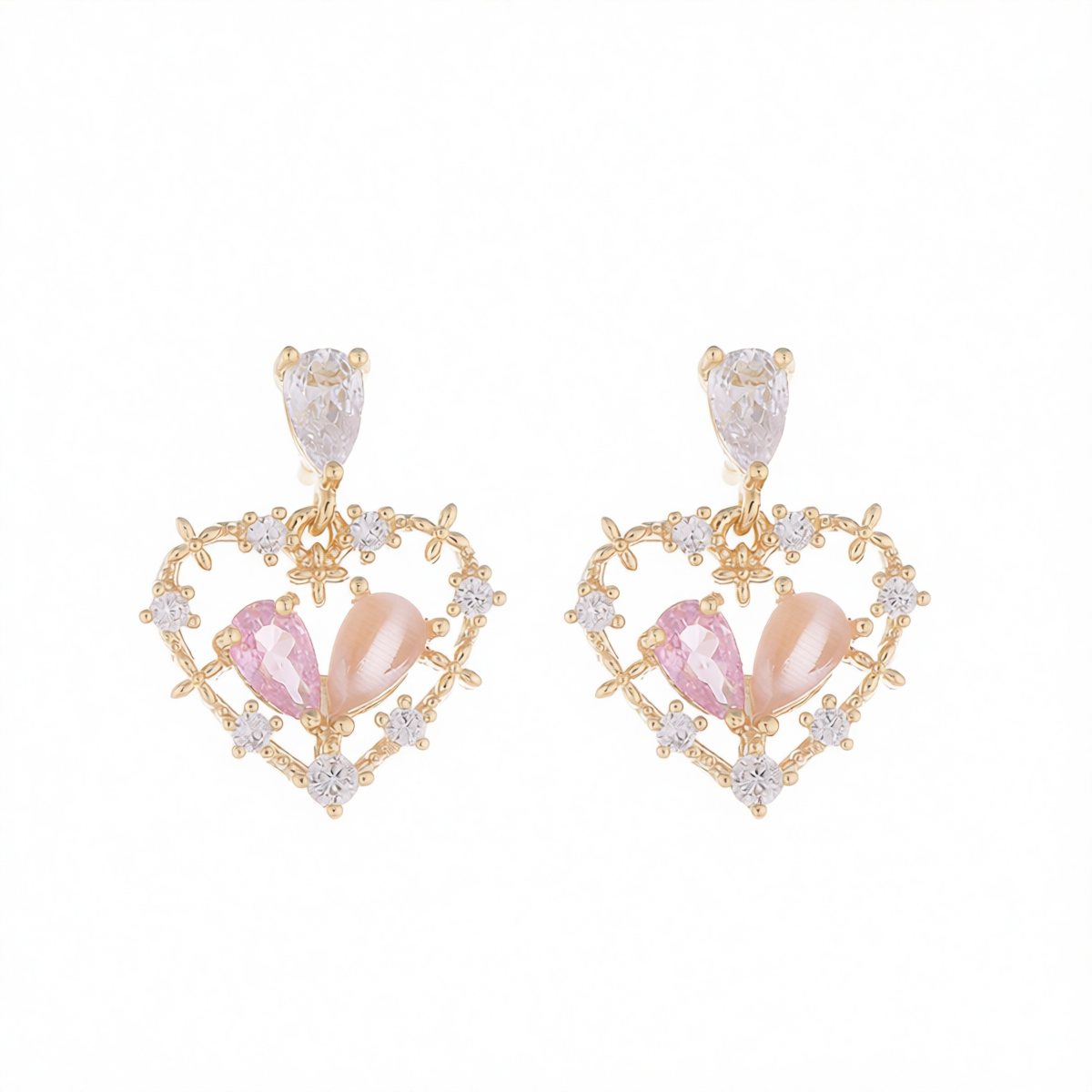 Pink Cat's Eye & Crystal Cubic Zirconia Heart Drop Earrings