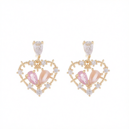 Pink Cat's Eye & Crystal Cubic Zirconia Heart Drop Earrings