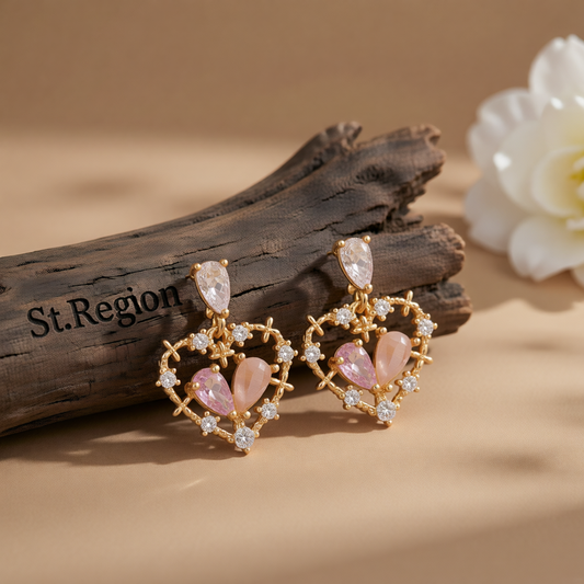 Pink Cat's Eye & Crystal Cubic Zirconia Heart Drop Earrings