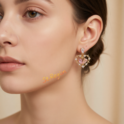 Pink Cat's Eye & Crystal Cubic Zirconia Heart Drop Earrings