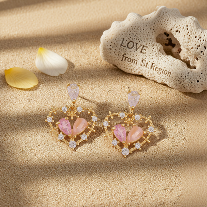 Pink Cat's Eye & Crystal Cubic Zirconia Heart Drop Earrings