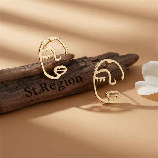 18K Gold-Plated Abstract Face Stud Earrings - Street Region