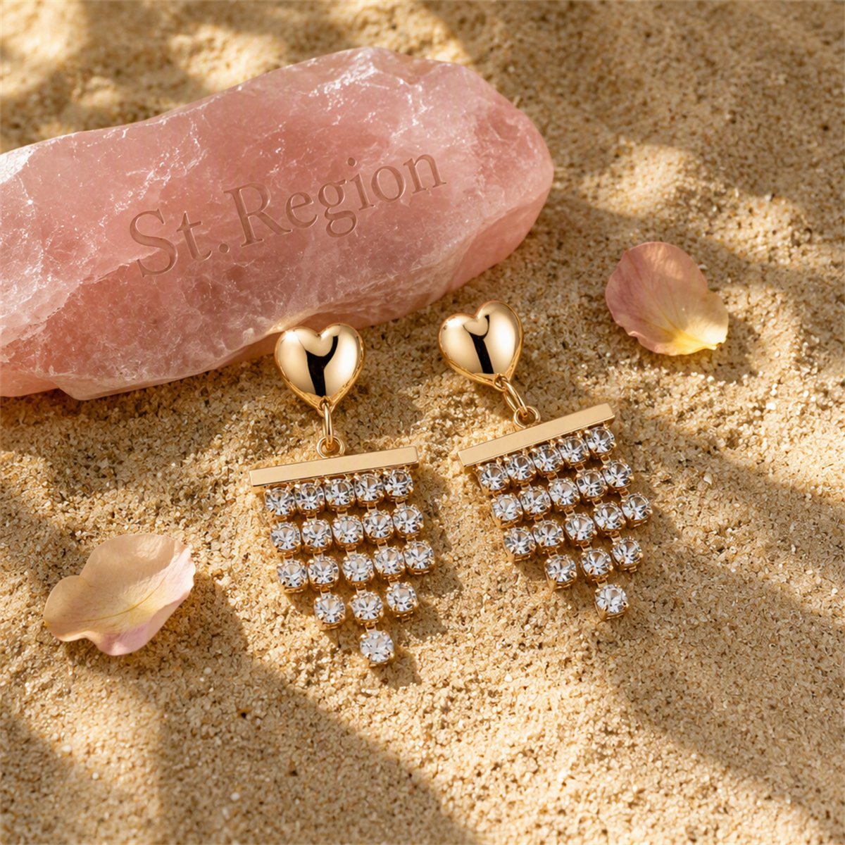 Cubic Zirconia and 18K Gold-Plated Heart Tassel Drop Earrings, gold drop earrings for women, detail close-up