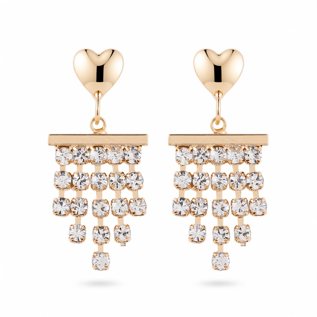 Cubic Zirconia and 18K Gold-Plated Heart Tassel Drop Earrings, gold drop earrings for women, side view