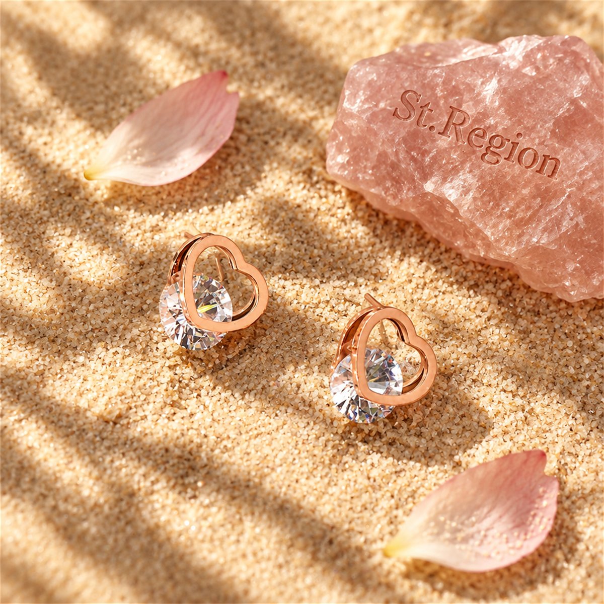 Crystal and 18K Rose Gold-Plated Open-Heart Stud Earrings, rose gold stud earrings for women, detail close-up