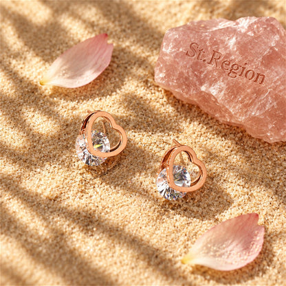 Crystal and 18K Rose Gold-Plated Open-Heart Stud Earrings, rose gold stud earrings for women, detail close-up