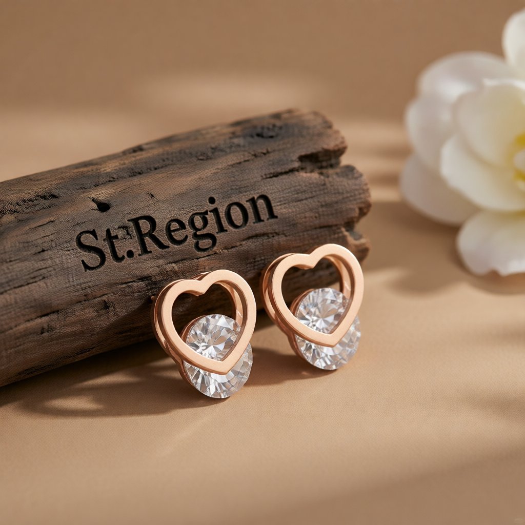 Crystal and 18K Rose Gold-Plated Open-Heart Stud Earrings, rose gold stud earrings for women, front view