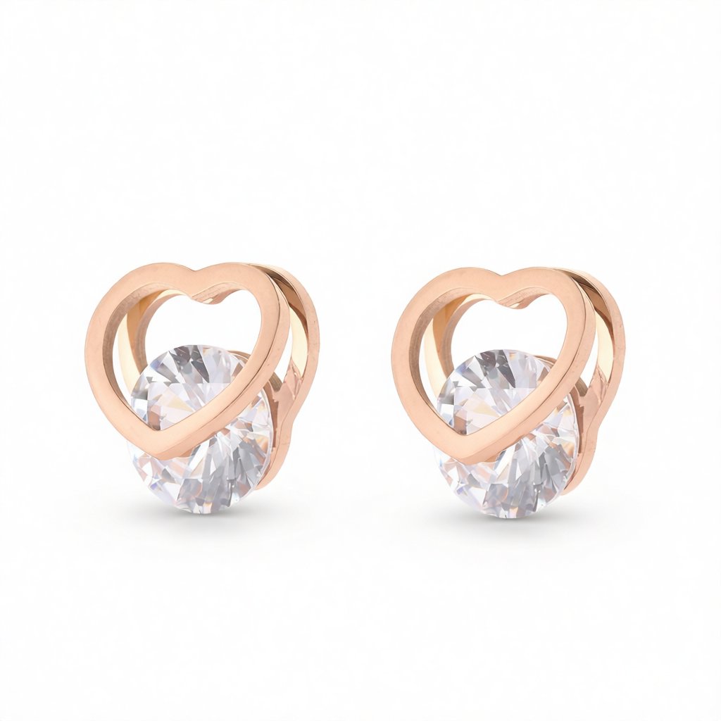 Crystal and 18K Rose Gold-Plated Open-Heart Stud Earrings, rose gold stud earrings for women, elegant gift for her, side view