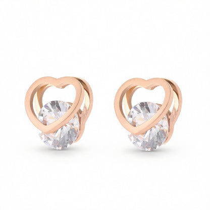 Crystal and 18K Rose Gold-Plated Open-Heart Stud Earrings, rose gold stud earrings for women, elegant gift for her, side view