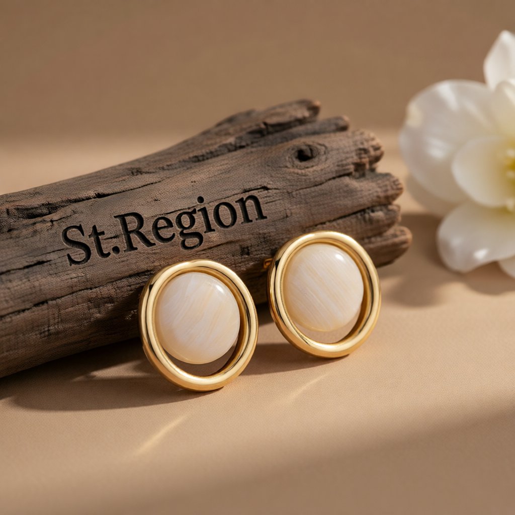 Cats Eye and 18K Gold-Plated Round Stud Earrings, gold stud earrings for women, botanical inspired, front view