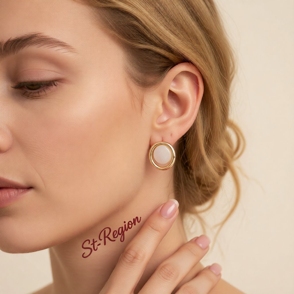 Cats Eye and 18K Gold-Plated Round Stud Earrings, gold stud earrings for women, botanical inspired, styled look