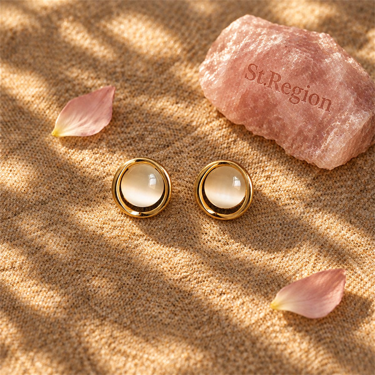 Cats Eye and 18K Gold-Plated Round Stud Earrings, gold stud earrings for women, botanical inspired, detail close-up