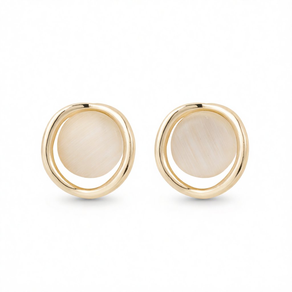 Cats Eye and 18K Gold-Plated Round Stud Earrings, gold stud earrings for women, botanical inspired, side view