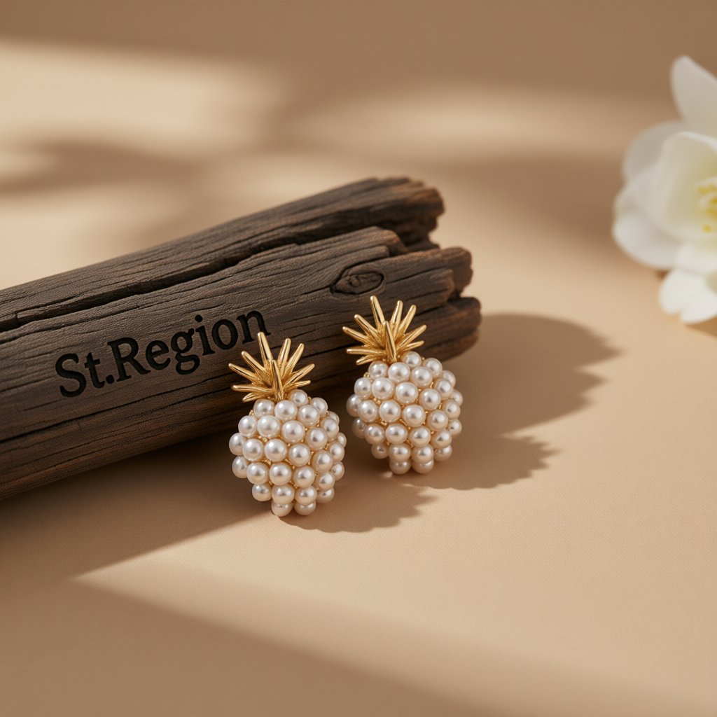 Pearl and 18K Gold-Plated Pineapple Stud Earrings, gold stud earrings for women, vintage-inspired design, front view