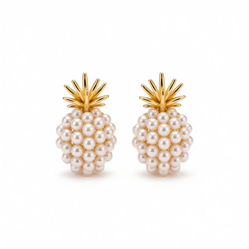 Pearl and 18K Gold-Plated Pineapple Stud Earrings, gold stud earrings for women, vintage-inspired design, side view