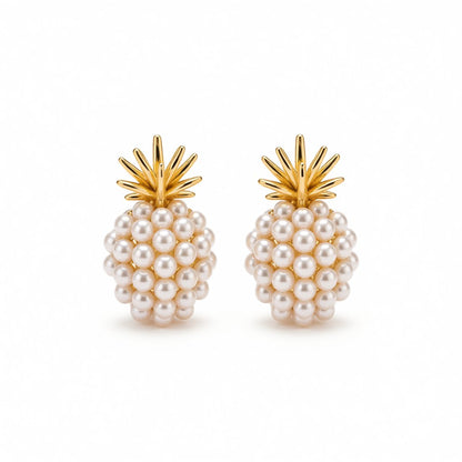 Pearl and 18K Gold-Plated Pineapple Stud Earrings, gold stud earrings for women, vintage-inspired design, side view