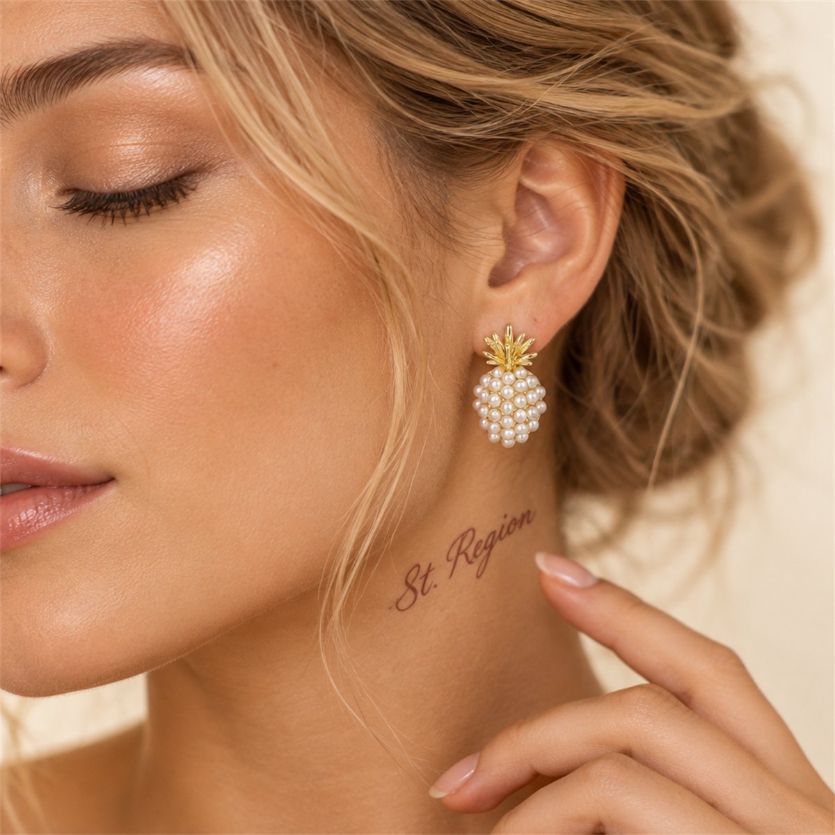 Pearl and 18K Gold-Plated Pineapple Stud Earrings, gold stud earrings for women, vintage-inspired design, styled look