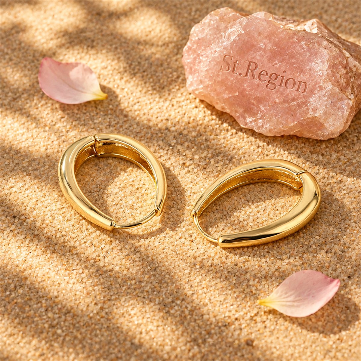 18K Gold-Plated Oval Hoop Earrings, gold huggie earrings, botanical inspired, detail close-up