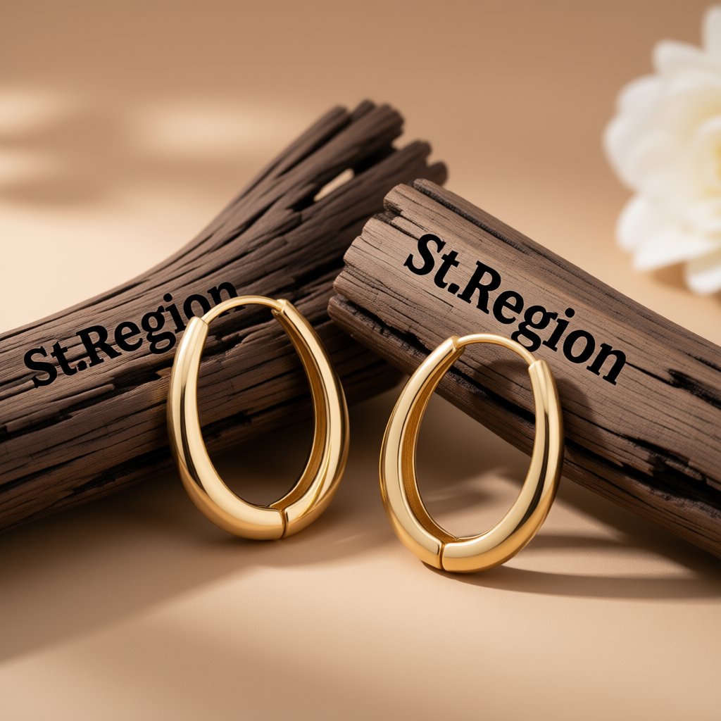 18K Gold-Plated Oval Hoop Earrings, gold huggie earrings, botanical inspired, front view