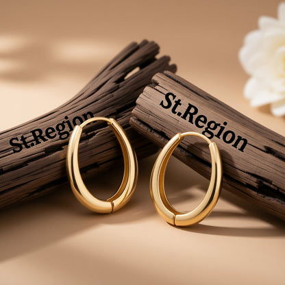 18K Gold-Plated Oval Hoop Earrings, gold huggie earrings, botanical inspired, front view