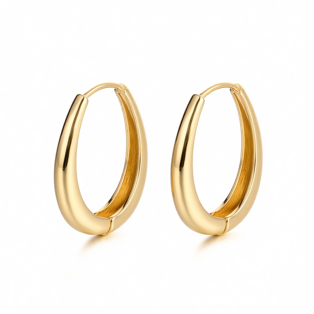 18K Gold-Plated Oval Hoop Earrings, gold huggie earrings, botanical inspired, side view