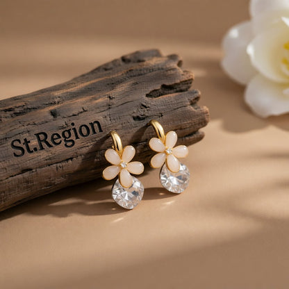 Cat's Eye and 18K Gold-Plated Floral Huggie Earrings, gold drop earrings for women, dainty minimalist design, front view