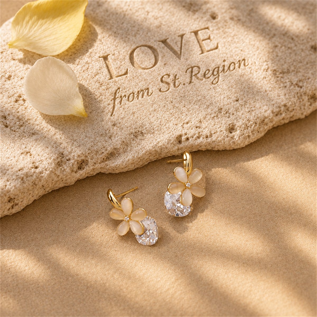 Cat's Eye and 18K Gold-Plated Floral Huggie Earrings, gold drop earrings for women, dainty minimalist design, lifestyle look