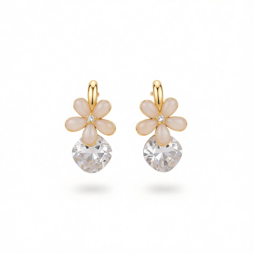 Cat's Eye and 18K Gold-Plated Floral Huggie Earrings, gold drop earrings for women, dainty minimalist design, side view