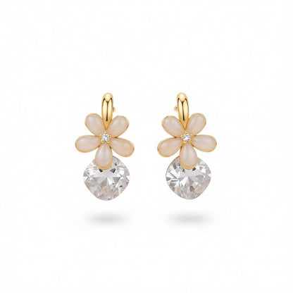 Cat's Eye and 18K Gold-Plated Floral Huggie Earrings, gold drop earrings for women, dainty minimalist design, side view