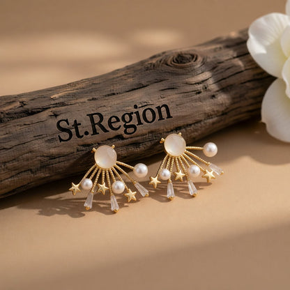 Cats Eye and Pearl 18K Gold-Plated Star Stud Earrings, gold stud earrings for women, dainty minimalist design, front view