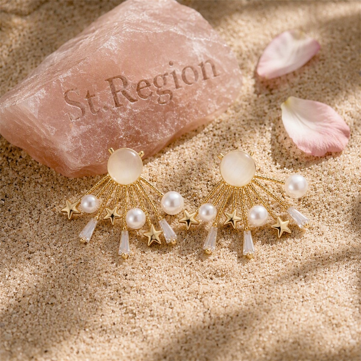 Cats Eye and Pearl 18K Gold-Plated Star Stud Earrings, gold stud earrings for women, detail close-up