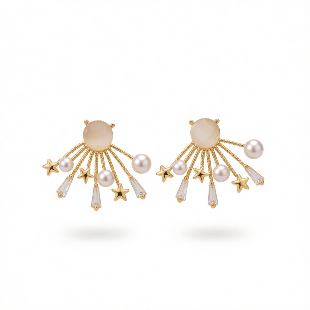 Cats Eye and Pearl 18K Gold-Plated Star Stud Earrings, gold stud earrings for women, dainty minimalist design, side view