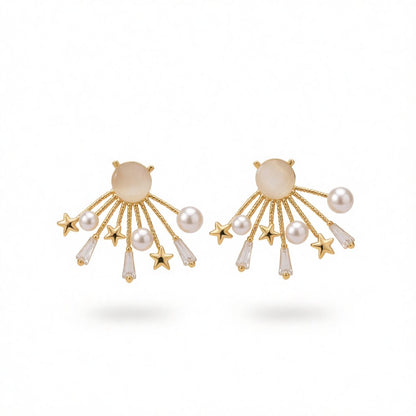 Cats Eye and Pearl 18K Gold-Plated Star Stud Earrings, gold stud earrings for women, dainty minimalist design, side view