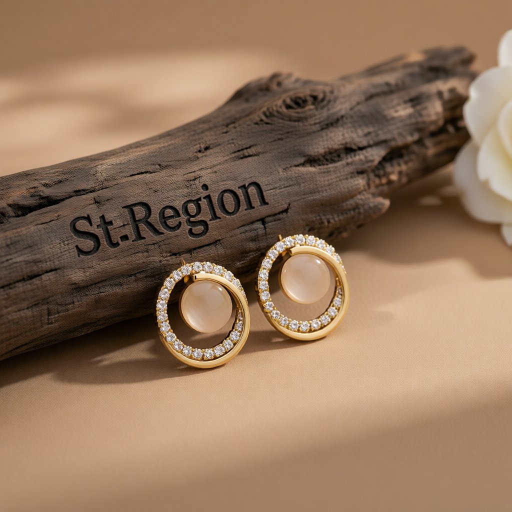 Cats Eye and Clear Cubic Zirconia 18K Gold-Plated Round Stud Earrings, gold stud earrings for women, front view