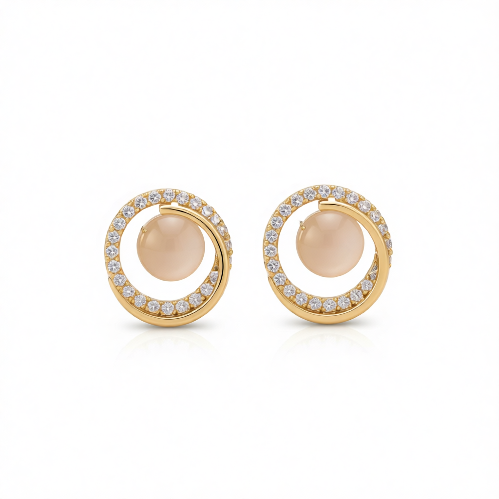 Cats Eye and Clear Cubic Zirconia 18K Gold-Plated Round Stud Earrings, gold stud earrings for women, side view