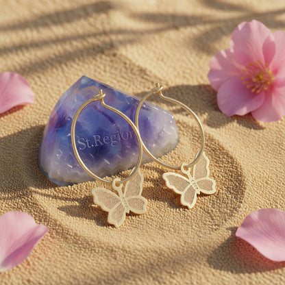 18K Gold-Plated Butterfly Huggie Earrings, gold huggie earrings, dainty minimalist design, detail close-up