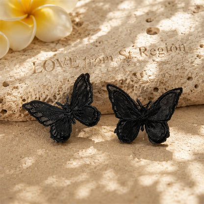 Black and Silver-Plated Embroidery Butterfly Stud Earrings, silver stud earrings for women, lifestyle look